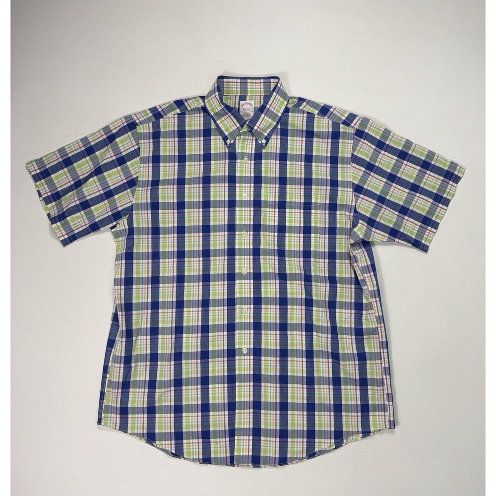 Brooks Brothers Mens Large Plaid Button Down Shirt Blue Green Supima Cotton L